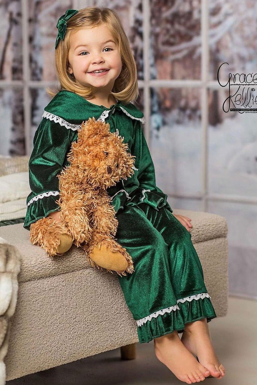 Girls Luxury Green Velvet Frill Pyjamas - Pretty personal gifting