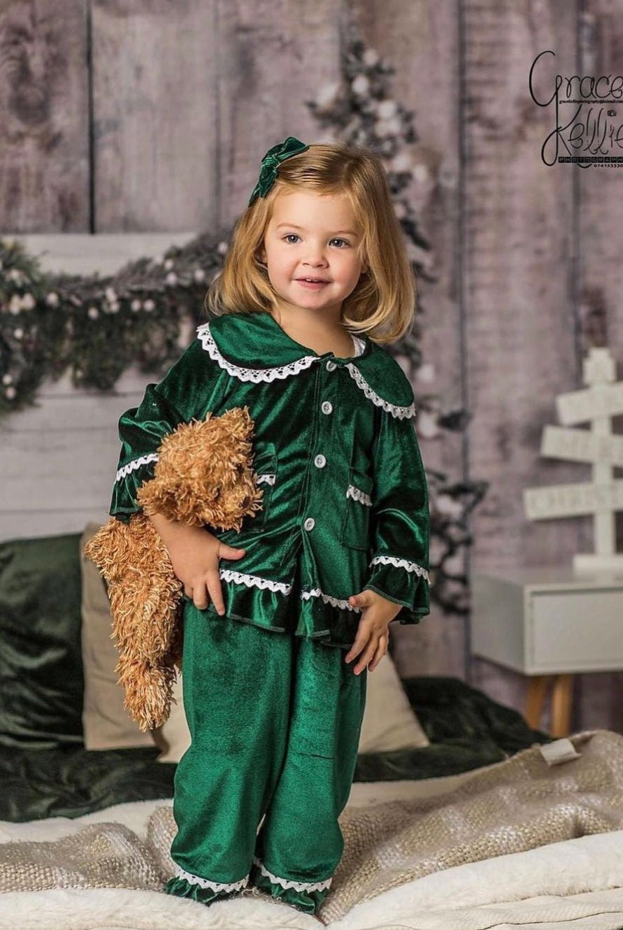 Girls Luxury Green Velvet Frill Pyjamas - Pretty personal gifting