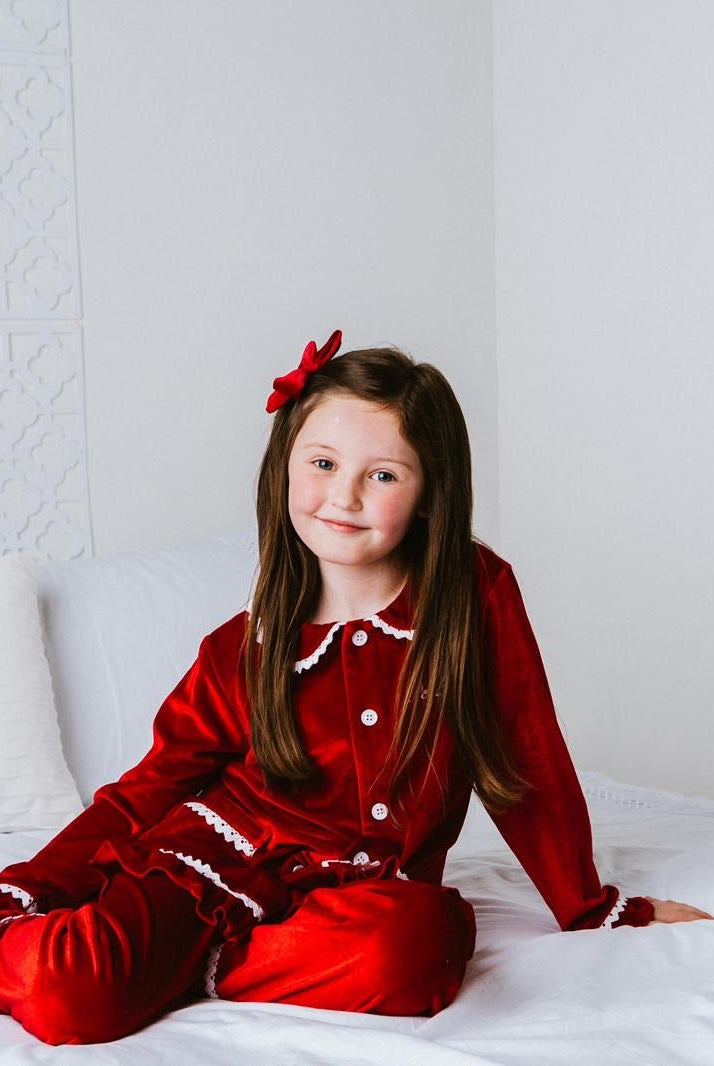 Girls Luxury Red Velvet Frill Pyjamas - Pretty personal gifting