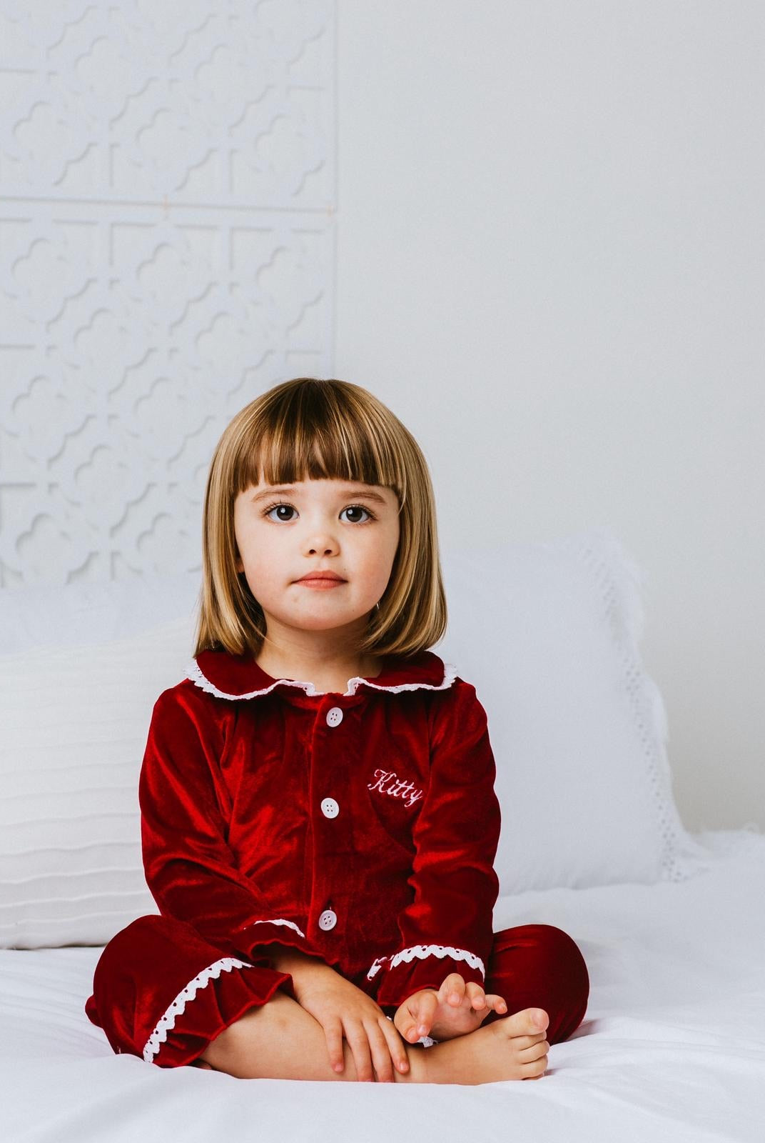 Girls Luxury Red Velvet Frill Pyjamas - Pretty personal gifting