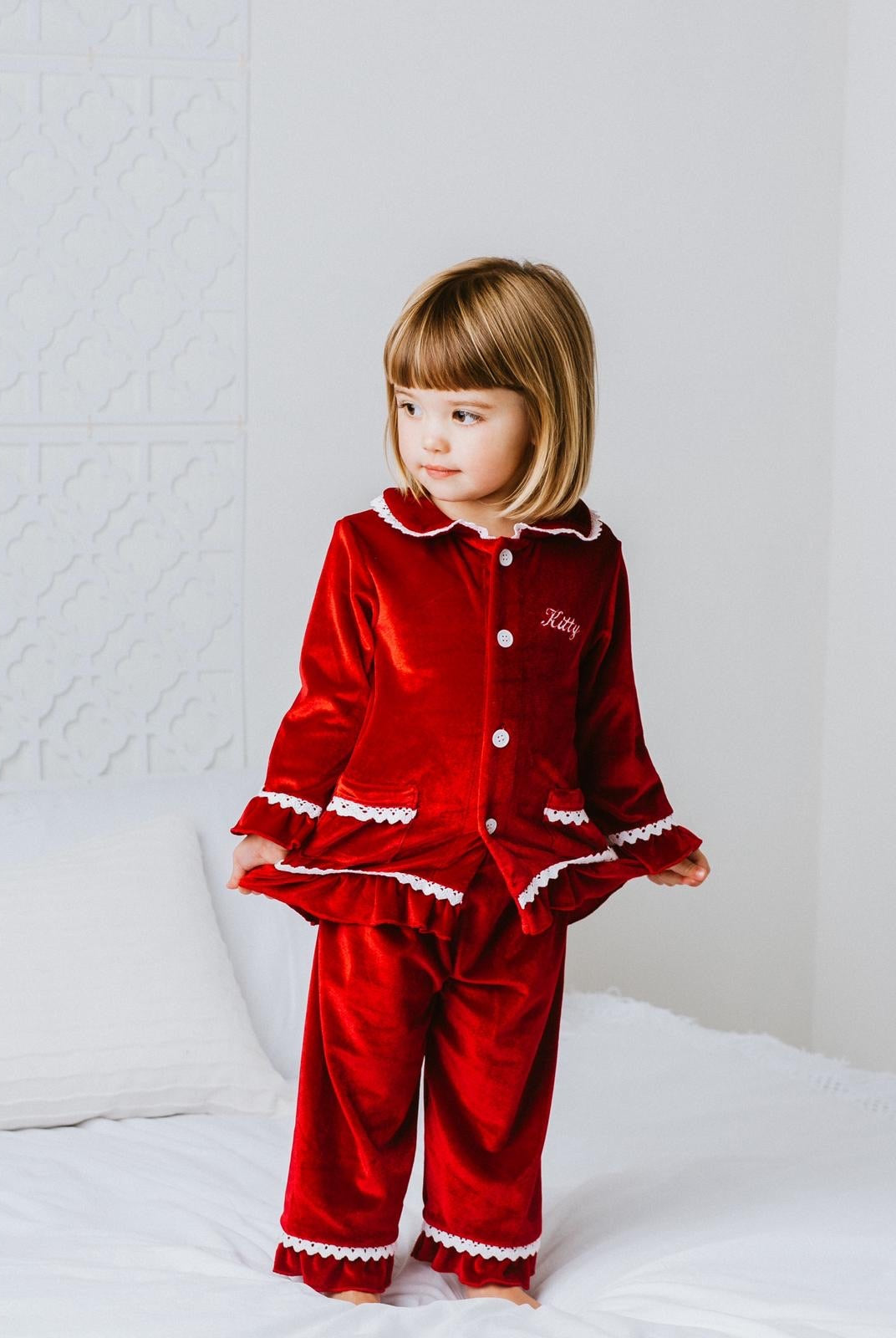 Girls Luxury Red Velvet Frill Pyjamas - Pretty personal gifting
