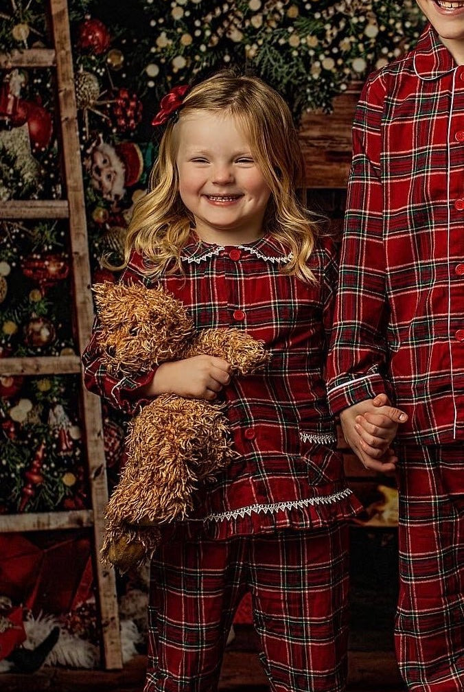 Girls Traditional Tartan Red Frill Pyjamas - Pretty personal gifting