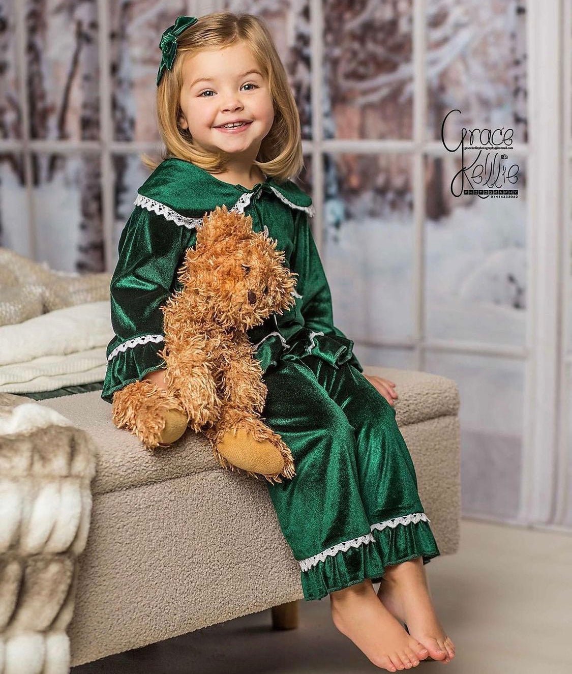 Girls Luxury Green Velvet Frill Pyjamas - Pretty personal gifting