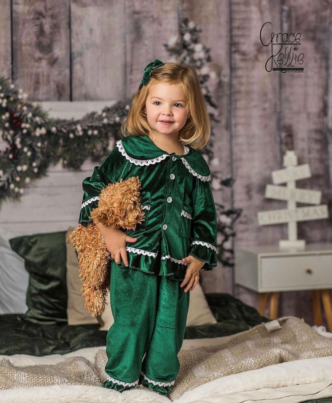 Girls Luxury Green Velvet Frill Pyjamas - Pretty personal gifting