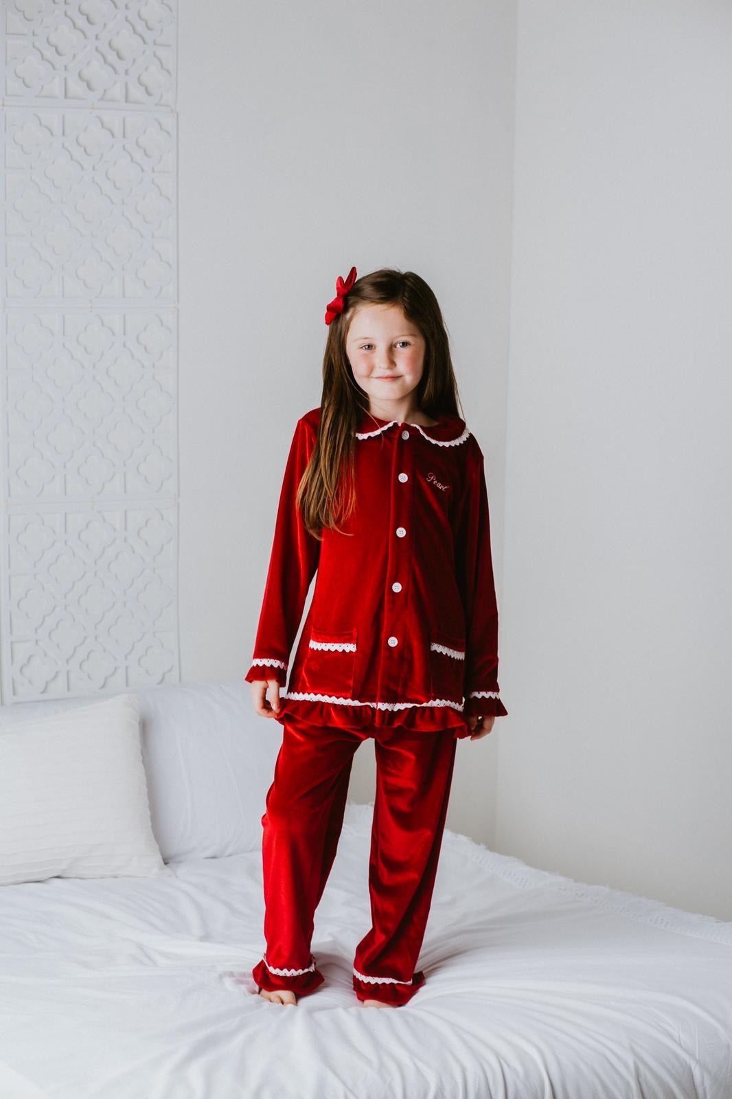 Girls Luxury Red Velvet Frill Pyjamas - Pretty personal gifting