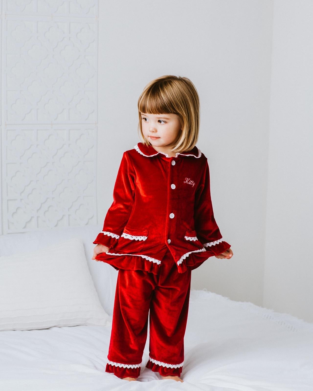 Girls Luxury Red Velvet Frill Pyjamas - Pretty personal gifting