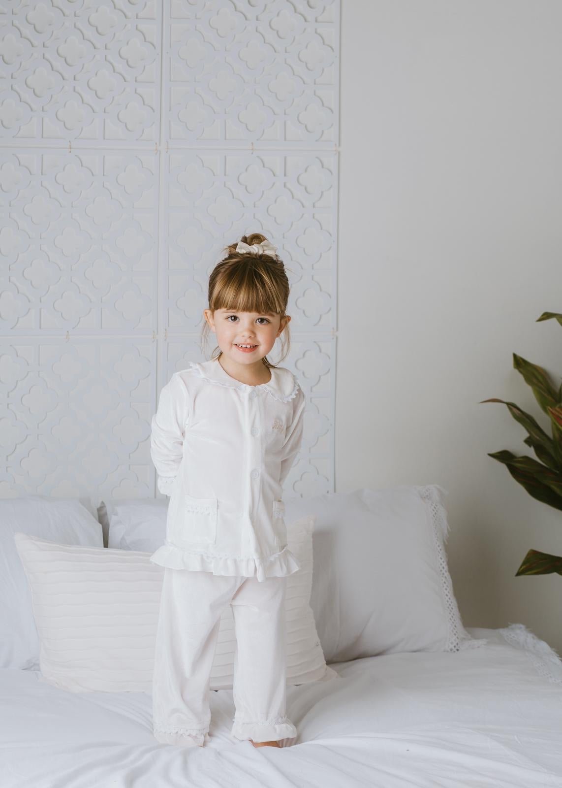 Girls Luxury White Velvet Frill Pyjamas - Pretty personal gifting