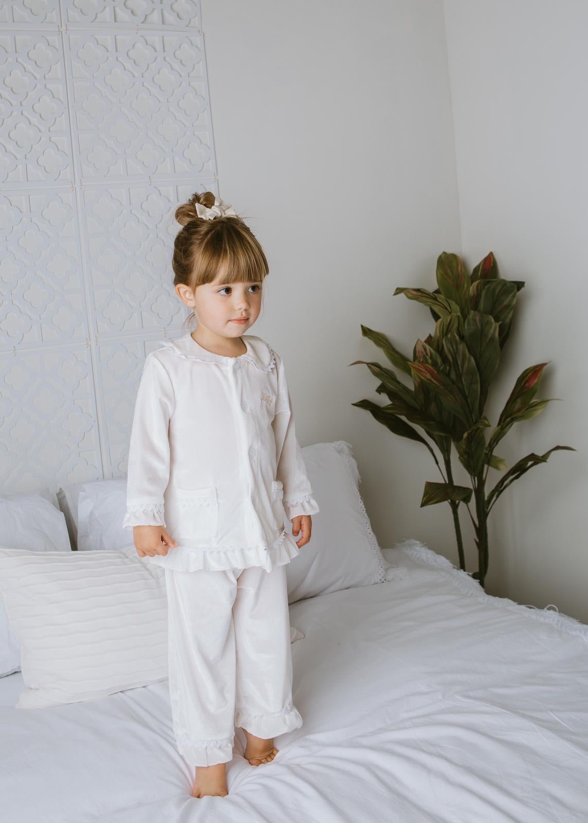 Girls Luxury White Velvet Frill Pyjamas - Pretty personal gifting